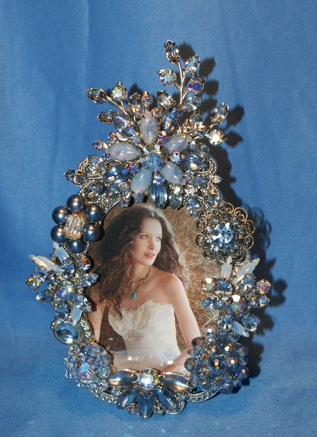 Vintage Blue Beau Jewels Rhinestone Picture Frame OOAK