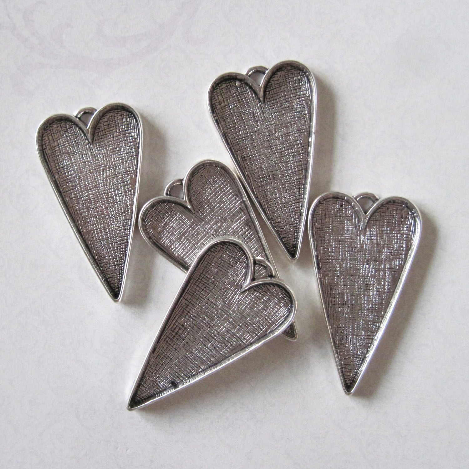 5 Large Silver Tone Heart Pendant Blanks Bezels Trays by VLOsupply