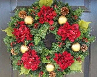 Holiday Wreath- Hydrangea Wreath- Christmas Wreath- Winter Wreath- Door Wreath