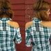 Blue White Open Cold Shoulder Upcycled Plaid Button Up Tunic Top Blouse Size Large by MountainGirlClothing