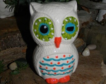 Hootie Owl . Winking .......Vintage style barn potter Owl ... Glazed ceramic Vintage Style ready to ship