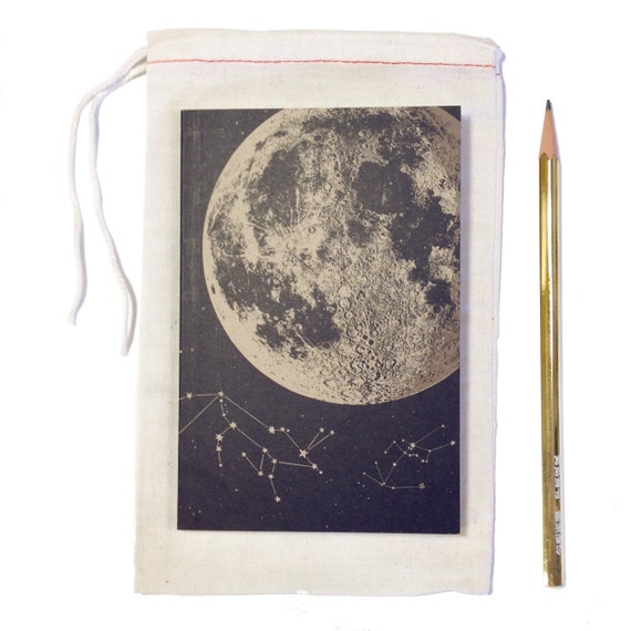 Full Moon Journal, blank sketch book, recycled paper, small pocket size, luna constellation design with starts and animals