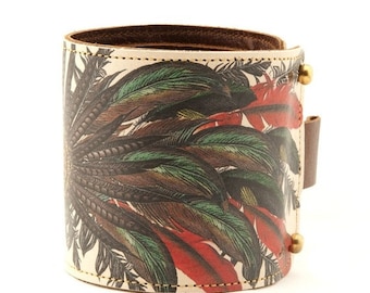 Leather cuff, Wallet Cuff, Wallet Wristband - Feathers