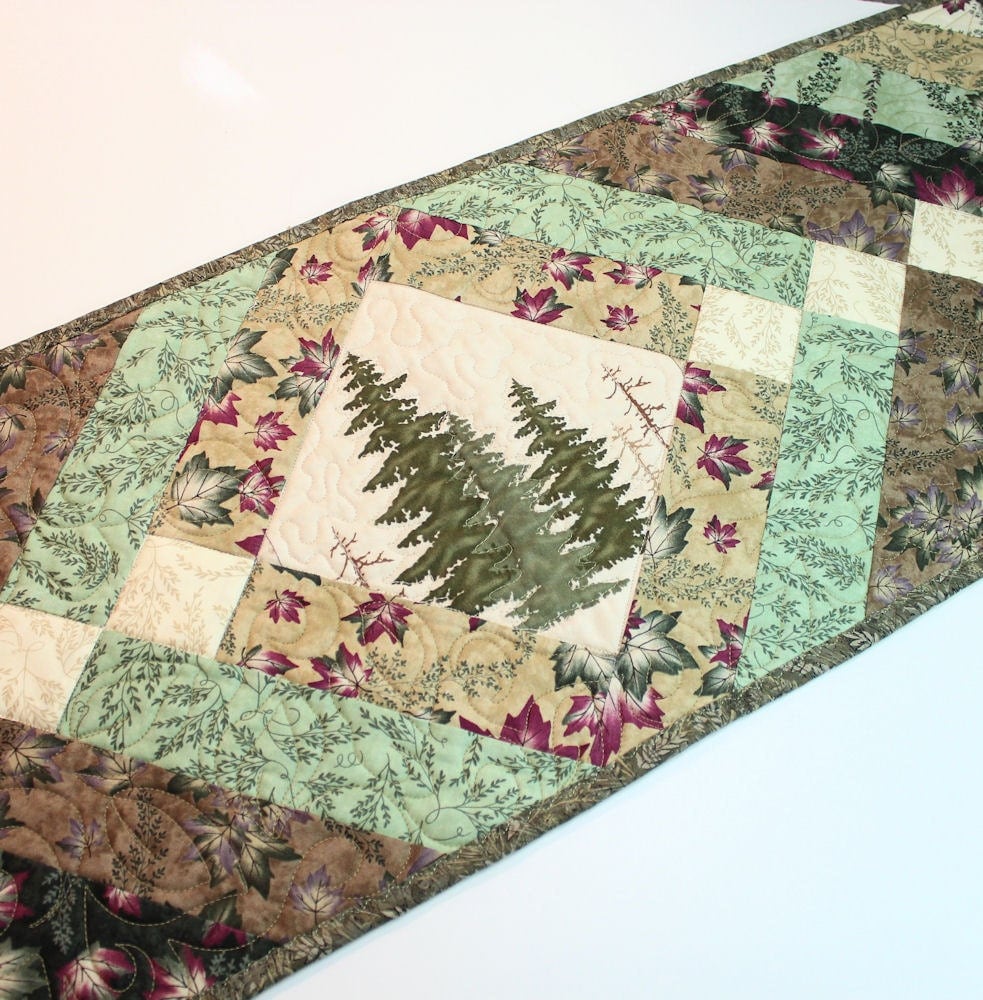Quilted Country Table Runner Green and Tan with Pine Trees and