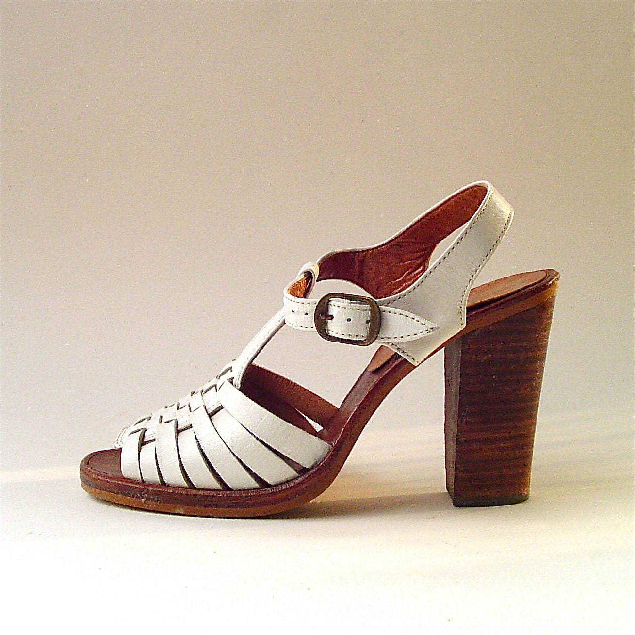 70s vintage Strappy Woven White Leather Stacked by SkinnyandBernie