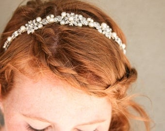 Rhinestone and ivory pearl silver wedding tiara, wedding hair