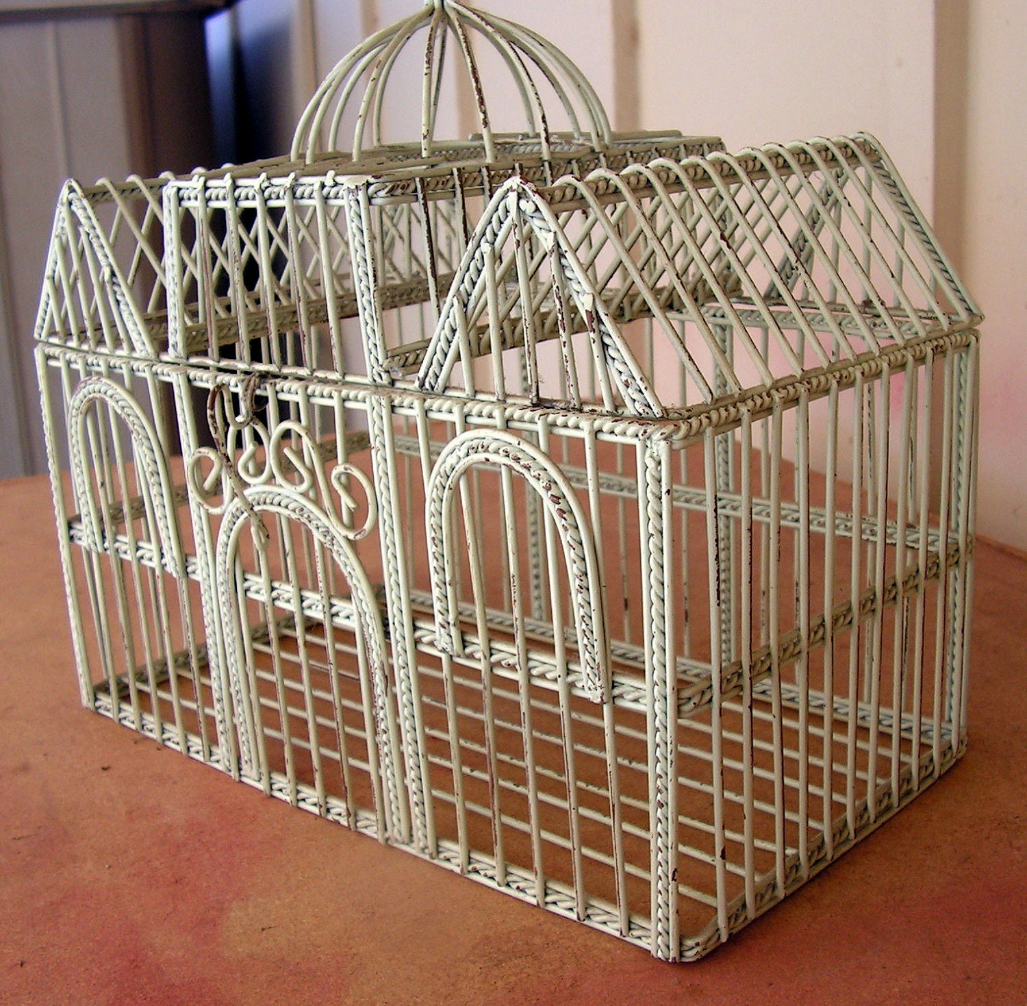 Vintage White Wire Bird Cage Decorative Shabby by retrosideshow