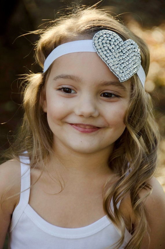 Items similar to Girls Rhinestone heart Headband in White for Girls