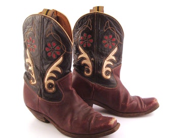 Inlay Cowboy Boots Vintage 1940s Burgundy Brown and Black 40s Leather men's 9