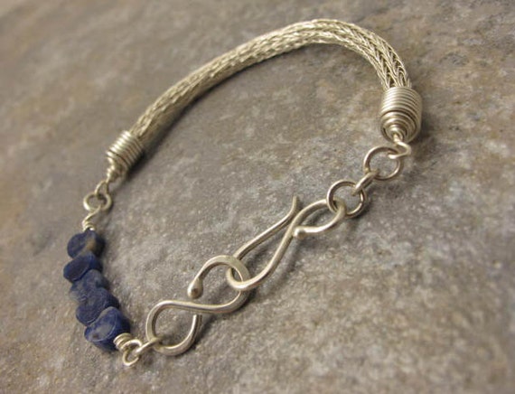 Sterling Silver Viking Knit Bracelet, sodalite stone beads, hearts ...