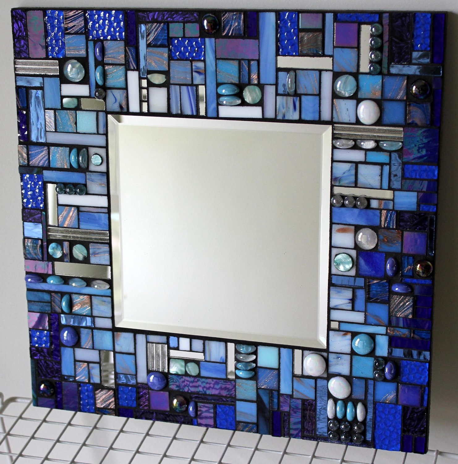 Mosaic Mirror Multi Media Stained Glass White Aqua and