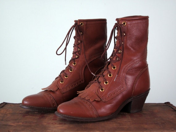 70s ankle boots / brown leather lace up fringe by SallyJaneVintage