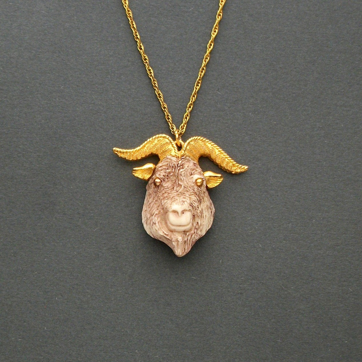 Razza Goat Head Necklace. Gilt Horns. Secret Hiding Place.