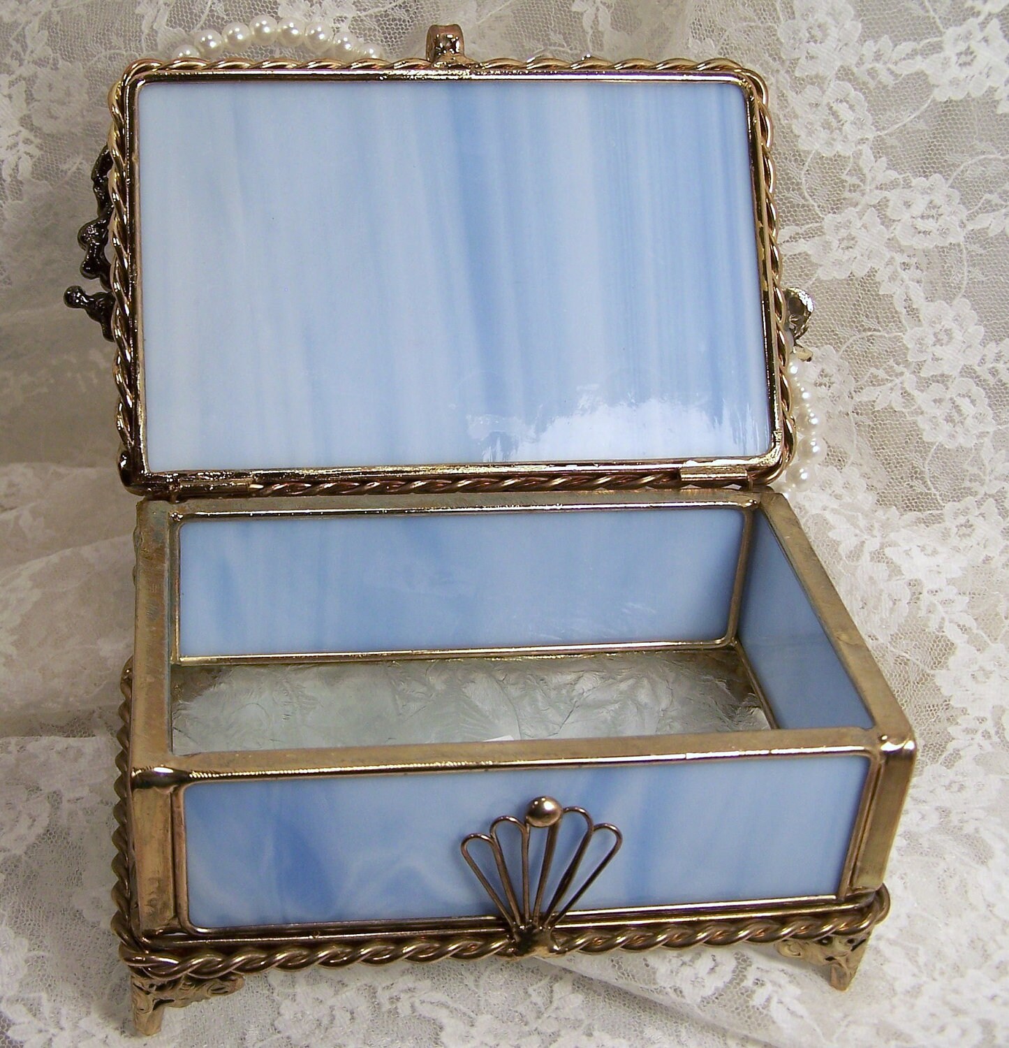 Blue Stained Glass Trinket Box Embellished by theresamariejewelry
