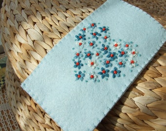 Hand Embroidered Pale Blue Felt Glasses Case