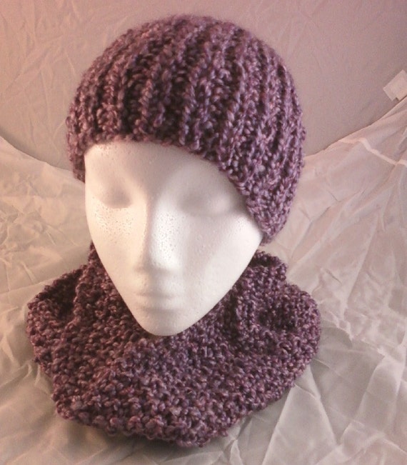 Hand Knit Homespun Hat and Cowl Neckwarmer Baroque Purple