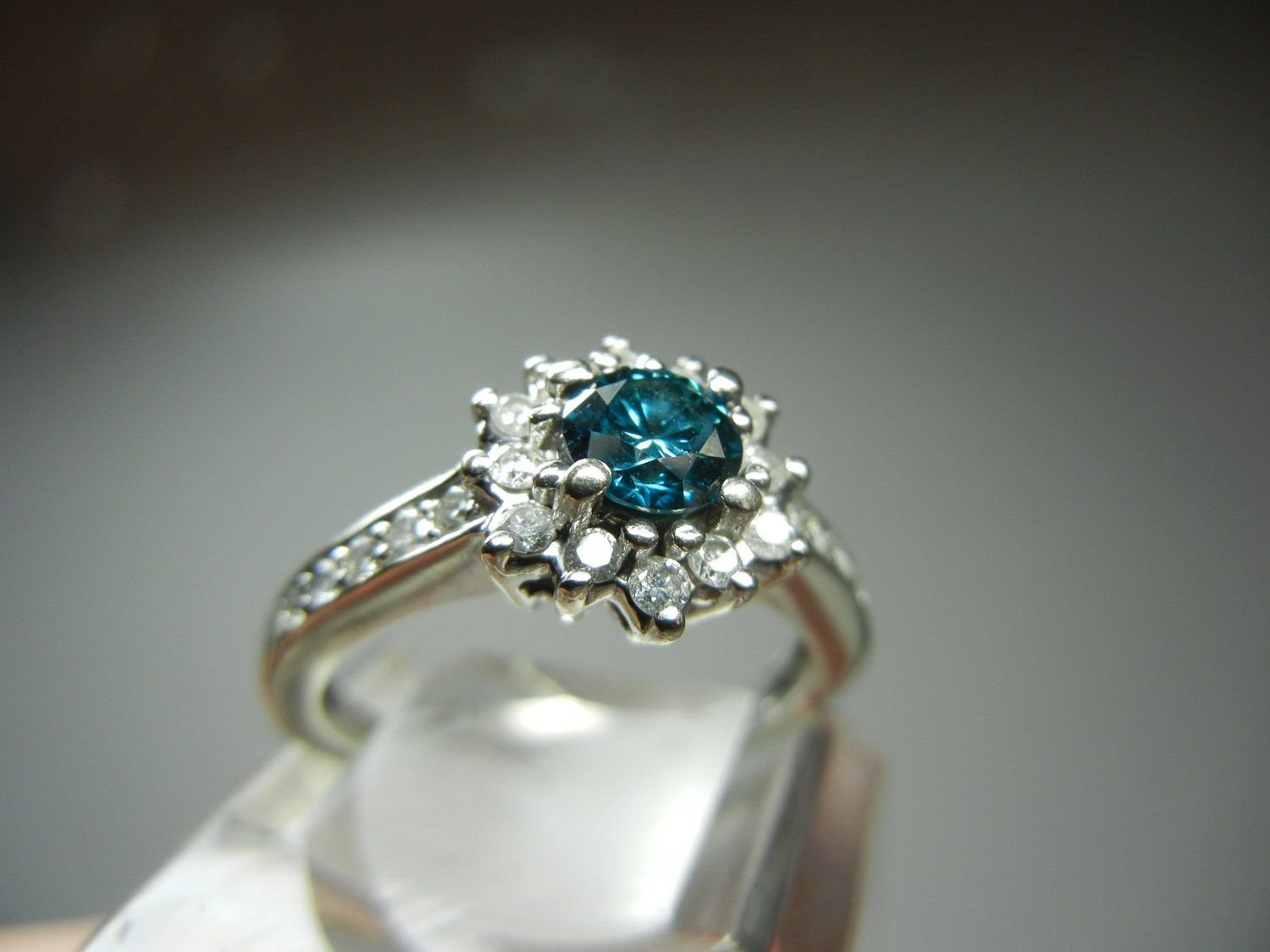 Blue Diamond Engagement Ring 14k white gold round by VintageHand
