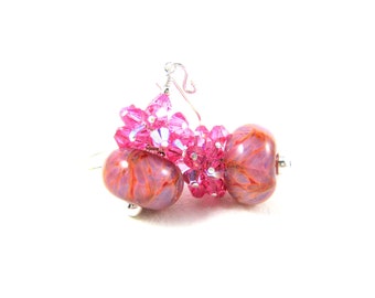 Pink Crystal Earrings, Pink Purple Earrings, Cluster Earrings, Boro Lampwork Earrings, Glass Earrings, Beadwork Earrings Strawberry Smoothie