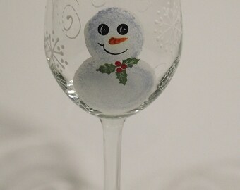 Hand Painted Wine Glasses - Christmas Holiday Snowman Wine Glass with Holly