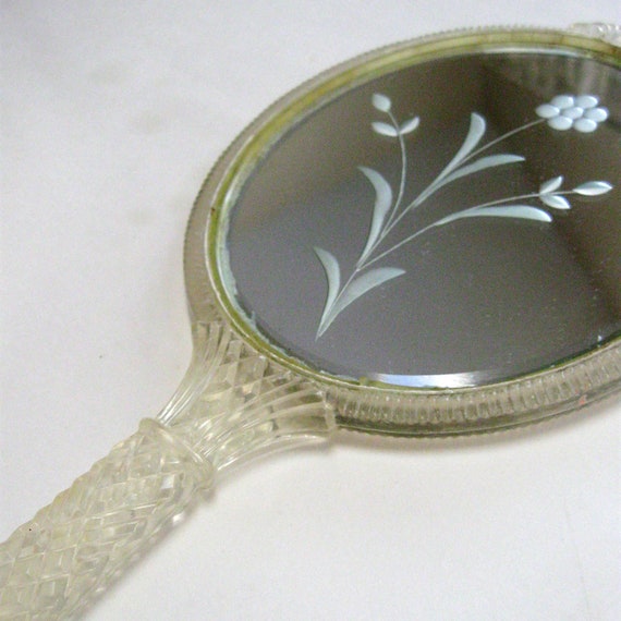 Vintage Hand Mirror Double Sided Lucite Flower Etched 1940s
