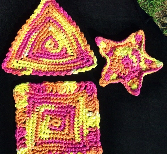 THREE UNIQUE COASTERS Crocheted geometric shapes by RedRobinArt