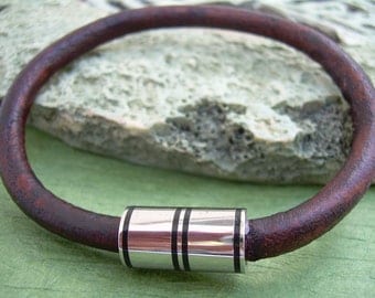 Magnetic Clasp Leather Bracelet, Mens Bracelet, Mens Jewelry, Antique Brown, Stainless Steel, Gift for him, Fathers Day, Mens Gift