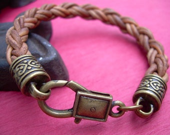 Natural Light Brown Braided Mens Womens Leather Bracelet