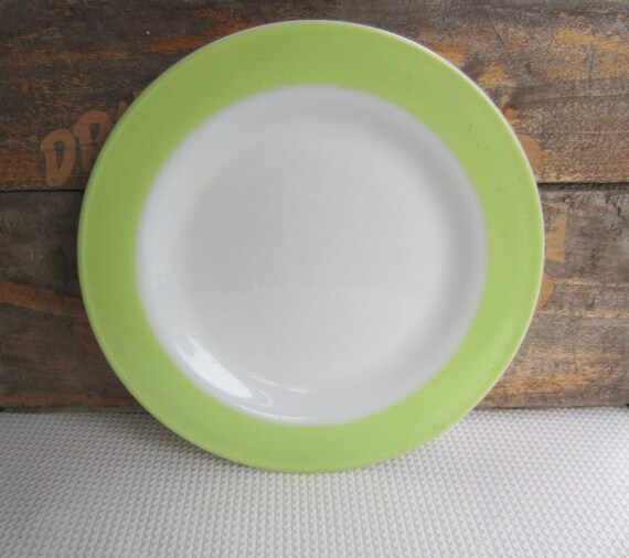 Vintage 1950s Pyrex Dinner Plates Lime Green Trim White Glass