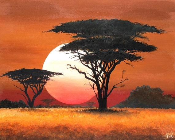 Items similar to African Landscape Sunset Painting: "Setting Sun" on Etsy