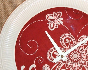 Wall Clock - Deep Rusty Red and Cream Floral Whimsy Ceramic Plate Wall Clock No. 982 (11 inches)