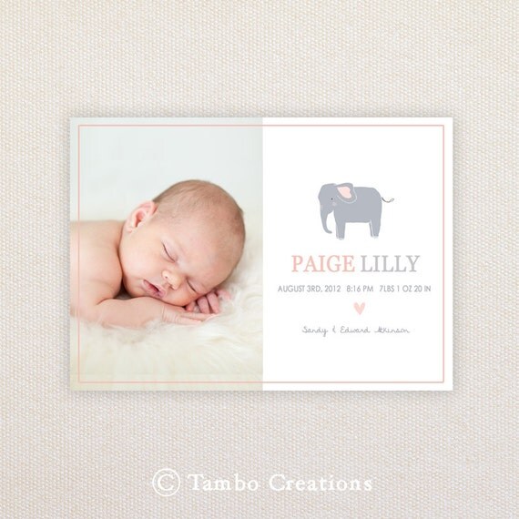 Girls Photo Birth Announcement. I Customize, You Print. Elephant. Il_570xn