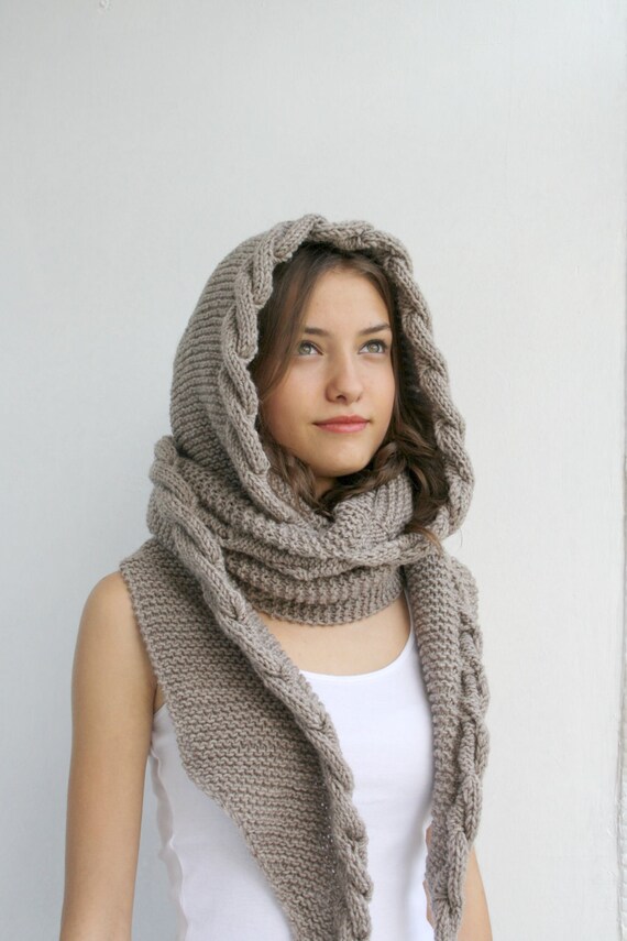 brown Under  Scarf Christmas  Brown Cabled Wool Hooded Long hooded Milky Cowl  gift scarf