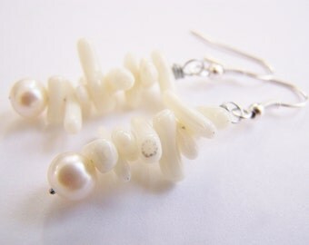 Freshwater Pearls & Real Coral Earrings - Winter Reef - Affordable gifts - bridesmaid sets- beach weddings