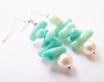 Freshwater Pearls & Real Coral Earrings - Aruba - Affordable gifts - bridesmaid sets- beach weddings - teal