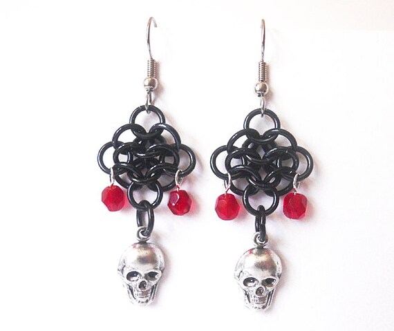 Items similar to Skull earrings, Chainmaille rosettes weave, Gothic ...
