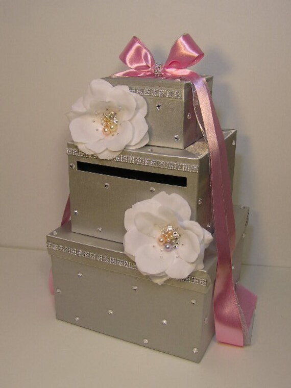 Silver Wedding Card Box with handmade flowers and Swarovski Crystals ...