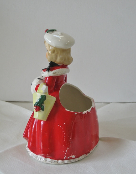 Vintage Napco Christmas Girl Caroler Planter Vase Red Coat