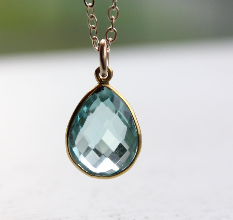Gold Aqua Quartz Teardrop Necklace Gemstone Necklace by OhKuol