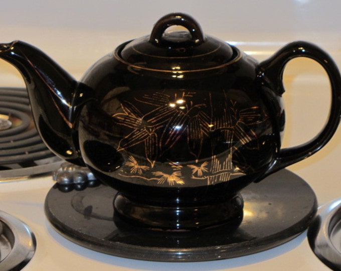 Grantcrest Rockingham Black Hand Painted Gold Bamboo Pearlized Tea Pot, Bamboo Teapot, Mid Century Display Teapot, Teapot Planter
