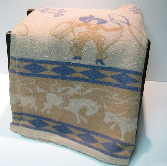 Vintage Cowboy Camp Blanket with Lassoing Cowboys and Broncos