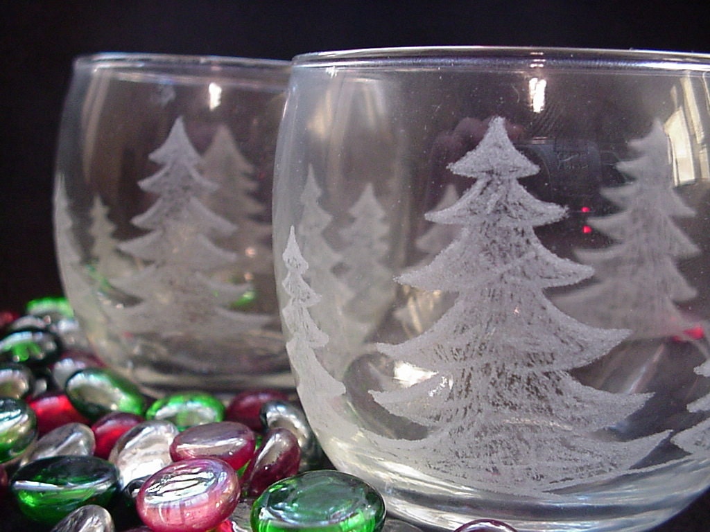 Yule Trees Hand Engraved Glass, votive set