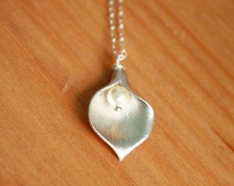 Silver Calla Lily and Fresh Water Pearl Necklace. Weddings, Bridesmaids