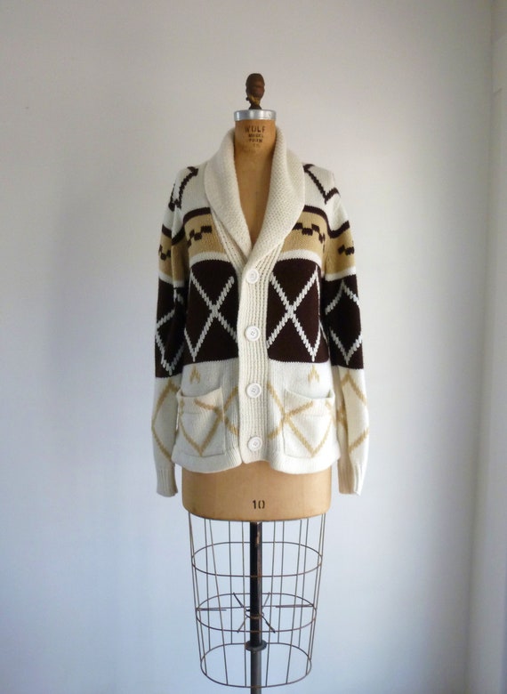 Vintage 70s Cardigan Sweater Cream Brown Southwestern Boho