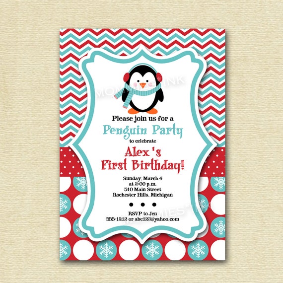 Penguin Chevron and Polka Dots Birthday Invite - Teal and Red - PRINTABLE INVITATION DESIGN Il_570xn
