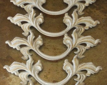 FREE SHIPPING 6 French Provincial Drawer Pulls with 3 Inch centers White and Gold Distress