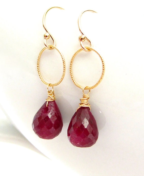 Red Ruby Earrings 14k Gold Hoops Teardrop Gemstone Handmade