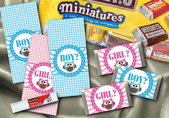 36 Hershey's Mini Candy Wrappers, Baby Gender Reveal Party, Pink & Blue Baby Owls Il_570xn