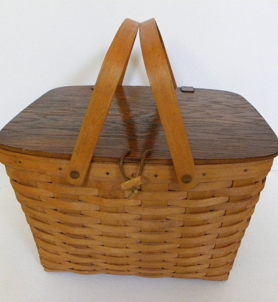 Vintage 1993 Longaberger Picnic Basket Rare Dark Oak Lid