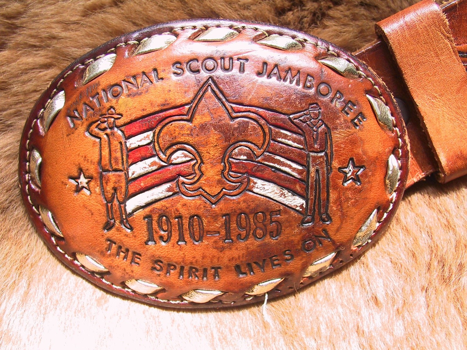 Vintage Boy Scout Jamboree Embossed Leather Belt by biscuitblues