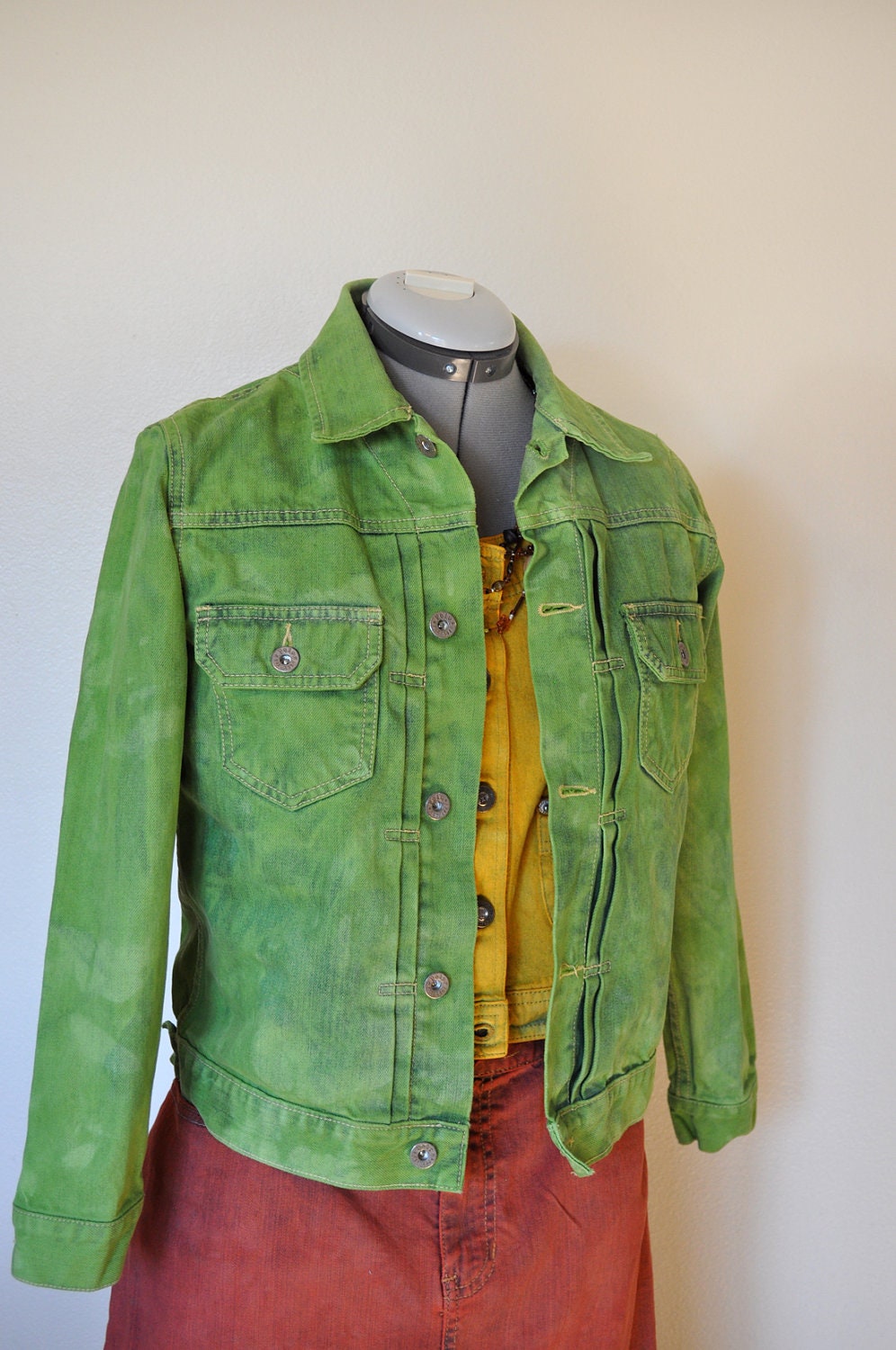 Vintage Denim Jacket Lime Green Hand Dyed by DavidsonStudio